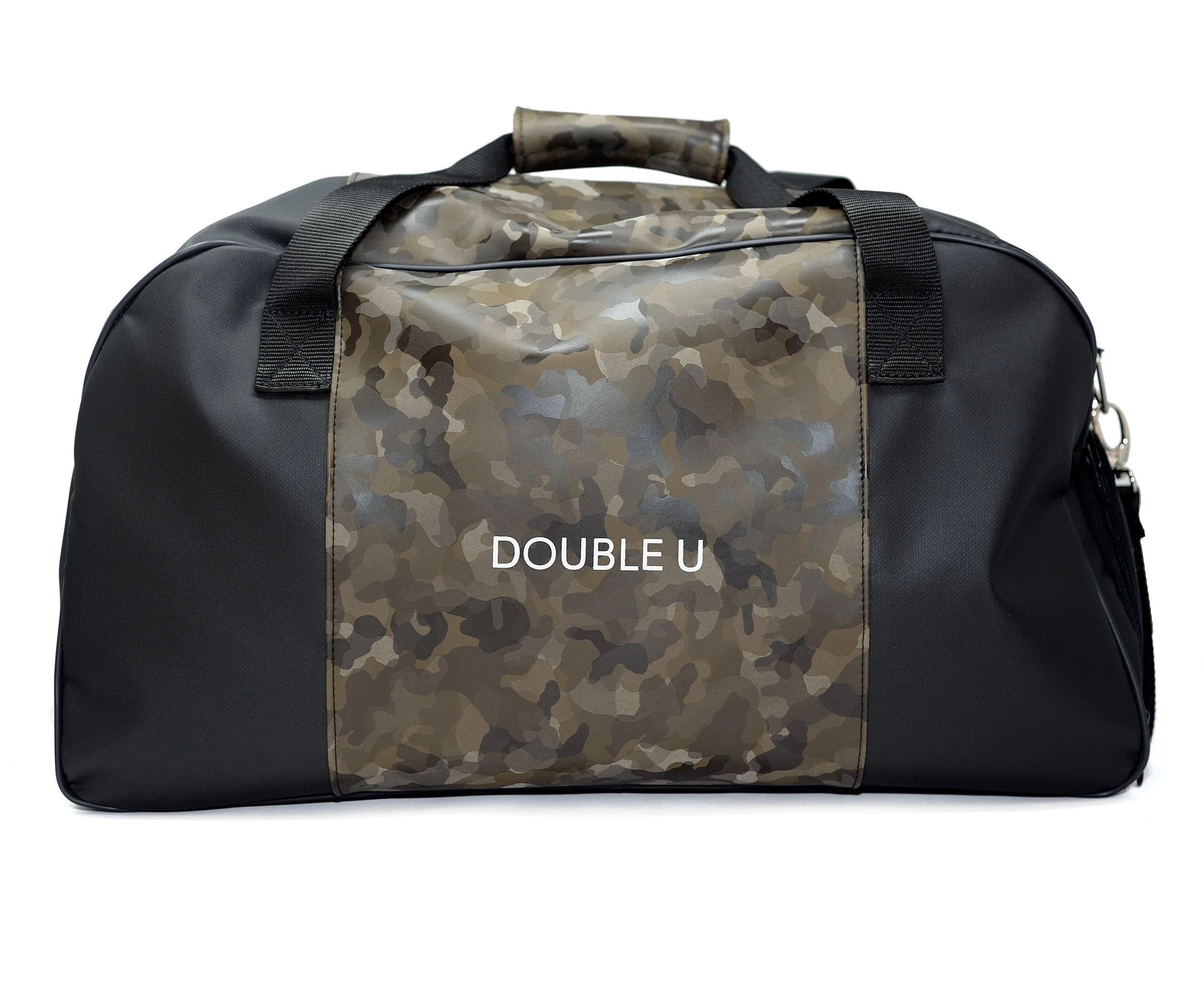 Valigia sportiva napoleo in tessuto nero con pannello laterale camouflage e la scritta DOUBLE U.