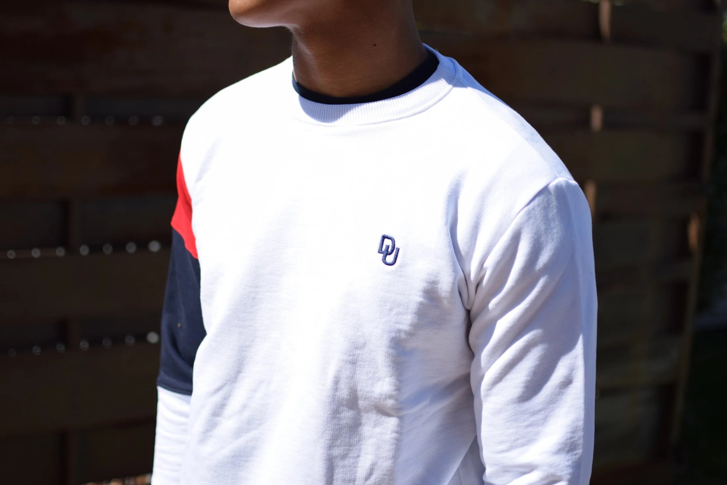 Persona che indossa una felpa bianca con dettagli blu e rossi, e un logo sul petto, all'aperto con uno sfondo di legno.