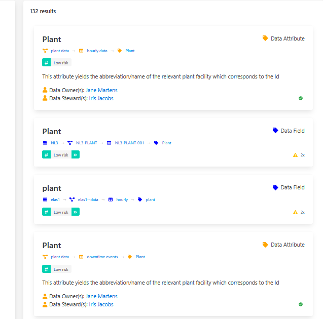Screenshot showing data related to plant facilities, including plant IDs, data owners, data stewards, and risk levels, with color-coded tags for different attributes and data fields.