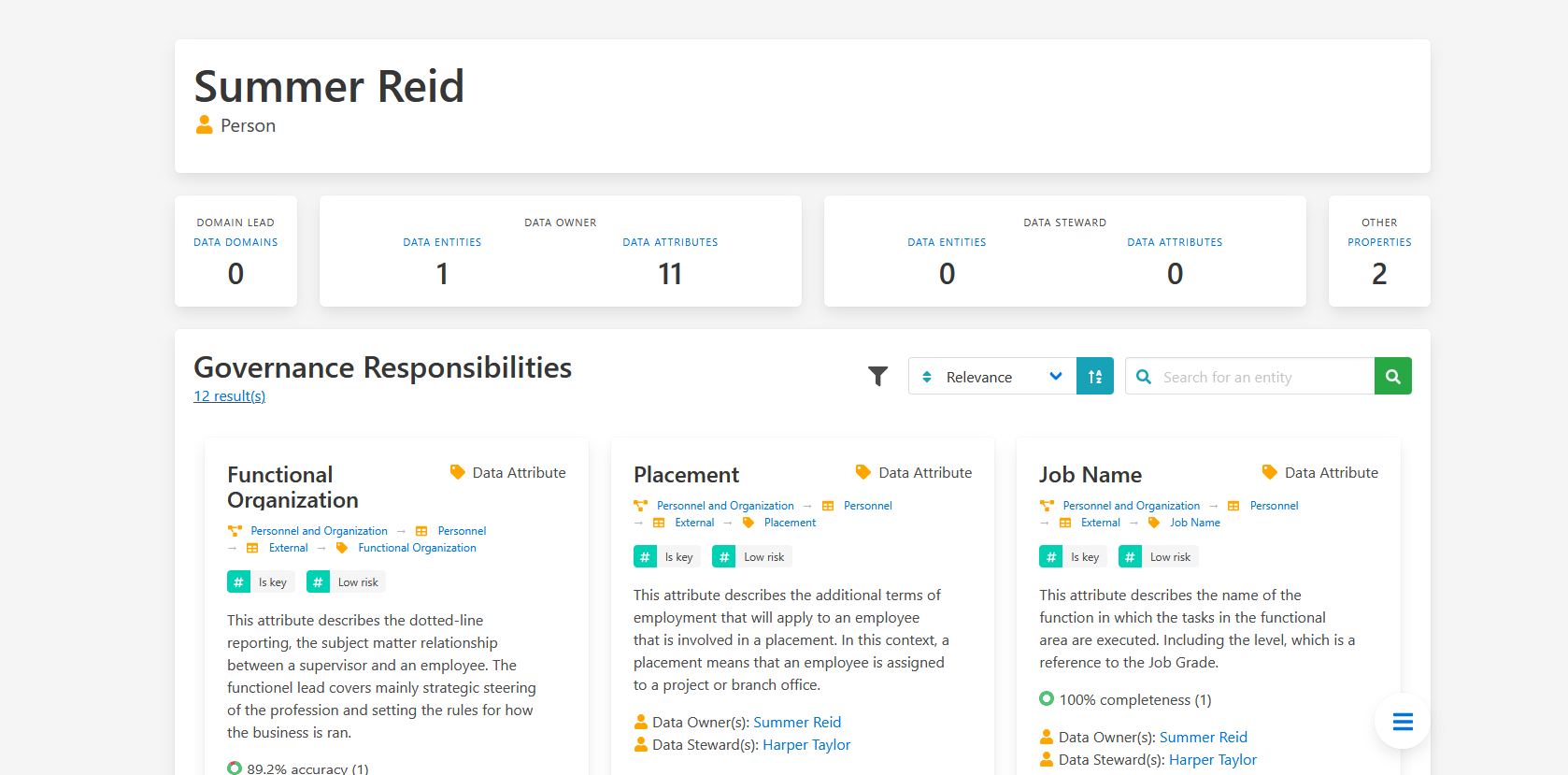 Screenshot of a webpage showing profile details for Summer Reid, including governance responsibilities like Functional Organization, Placement, and Job Name, with descriptions and icons.