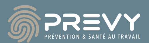 Logo de PREV, prévention et santé au travail, avec un symbole fingerprint et le texte 'PREV' en blanc sur un fond bleu.
