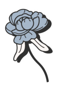 A cartoon-style blue flower with white ribbon-like accents and a long black stem