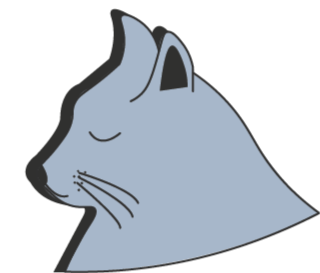 A cartoon illustration of a gray cat's, with closed eyes and whiskers.