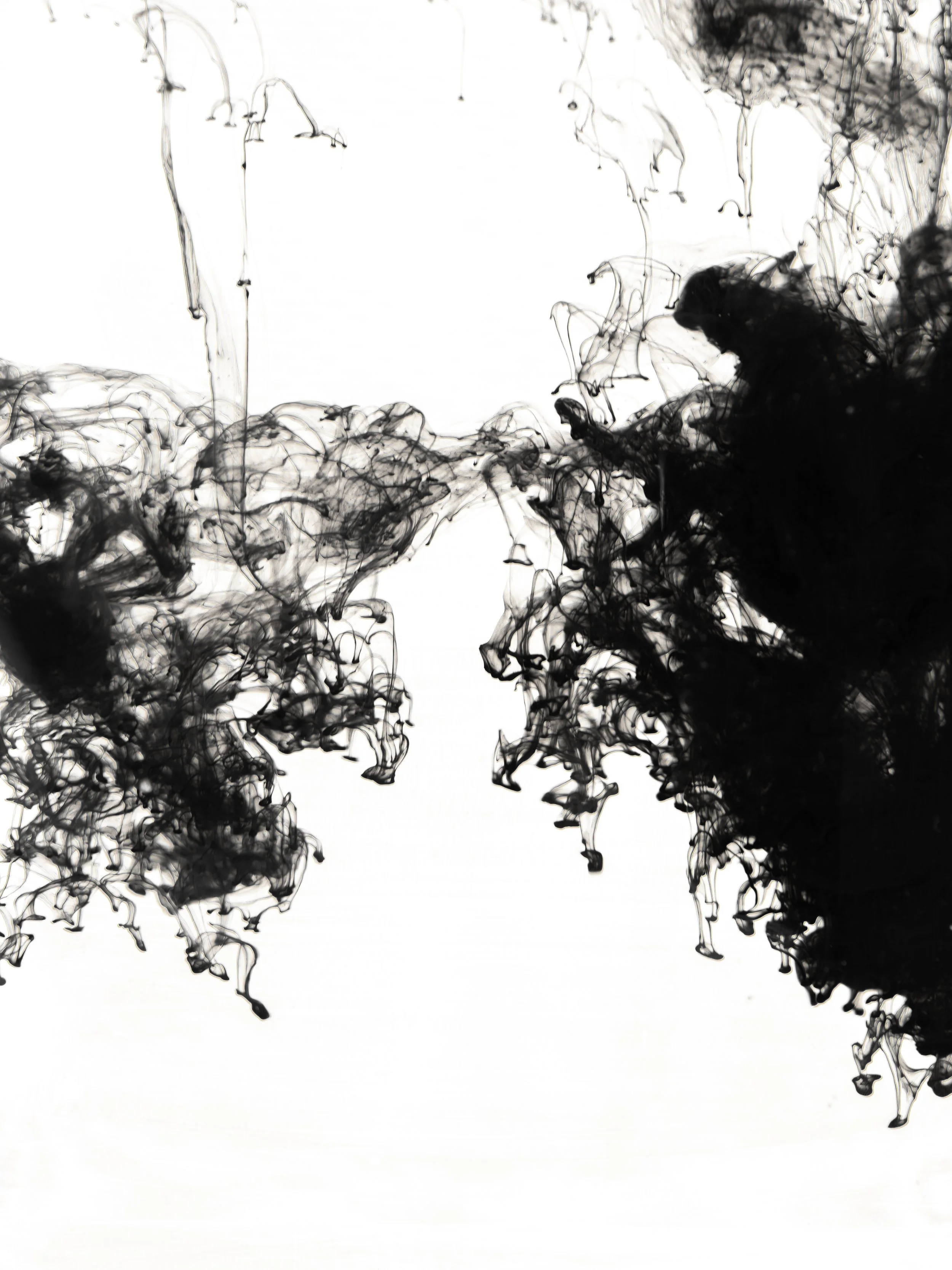 Black ink diffusing in water creating abstract swirling patterns.