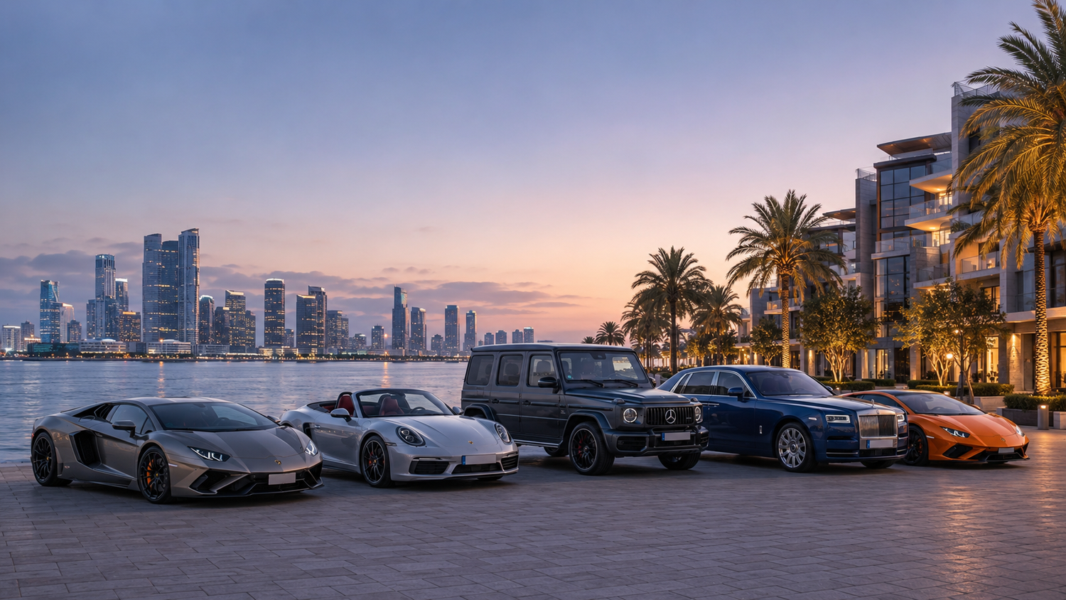 Luxury rental fleet at sunset