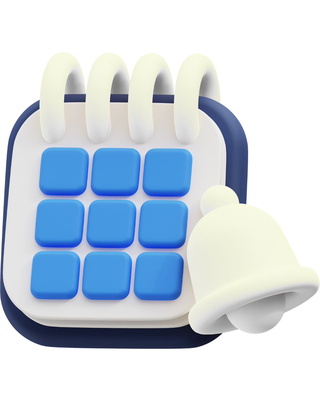 Digital illustration of a calendar with blue blocks representing days, a white spiral binding at the top, and a white bell on the lower right side.