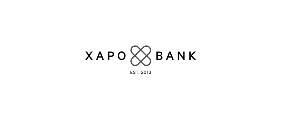 Xapo Bank logo with a paperclip-like symbol and the text 'Xapo Bank' and 'EST. 2013'.