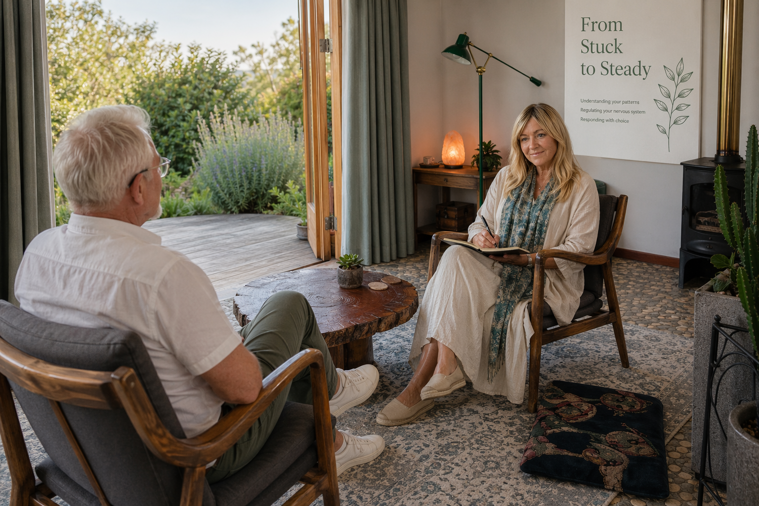 An  psychotherapy session with the therapist and an older male client. He is discussing anxiety, grief and depression after retirement from his executive professional career. He is calmly viewing the garden through the open door as they interact