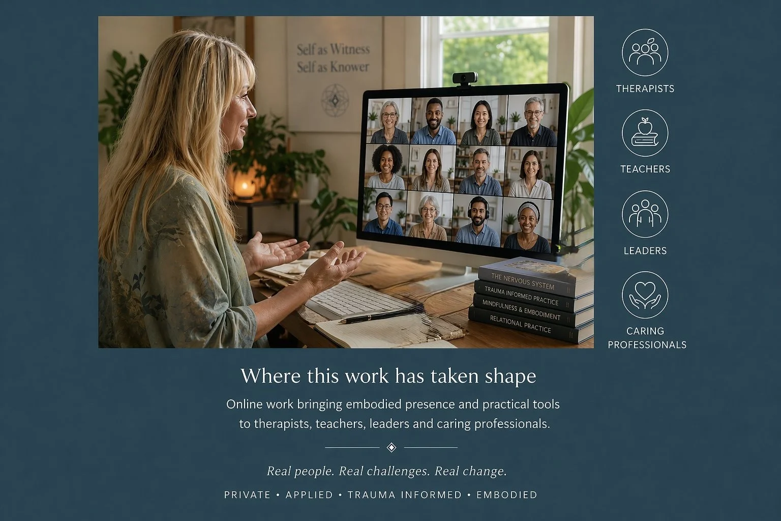 Online psychotherapy session via video call, supporting anxiety, stress, trauma and emotional well-being in a calm professional setting with a number of clients on the screen practising therapy and mindfulness.