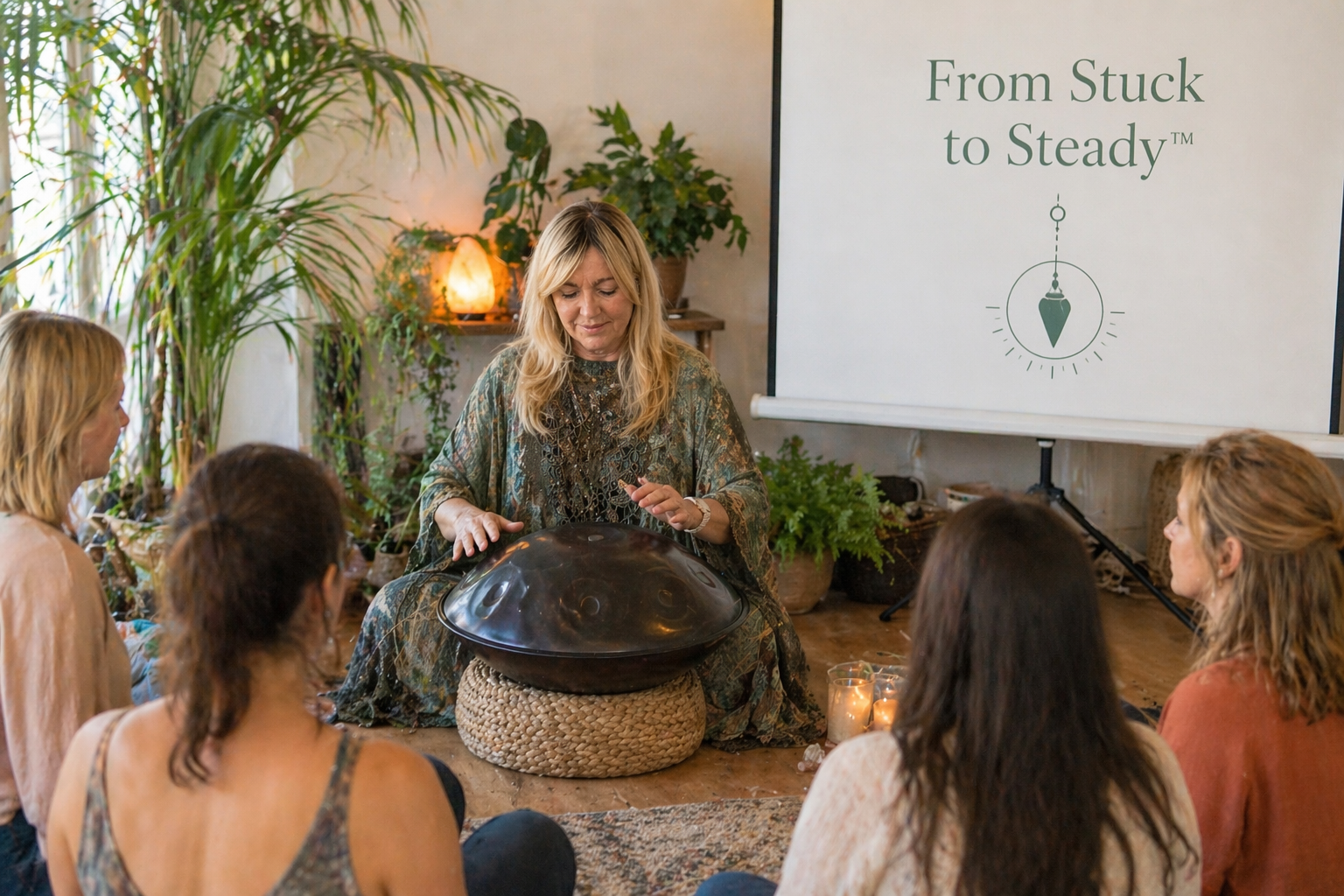 Michelle Courtney presents expressive and creative therapy in a group setting. She is sitting cross-legged playing a Hand pan for a small group of women in a meditation room, with plants and  with a large screen that reads 'From Stuck to Steady'