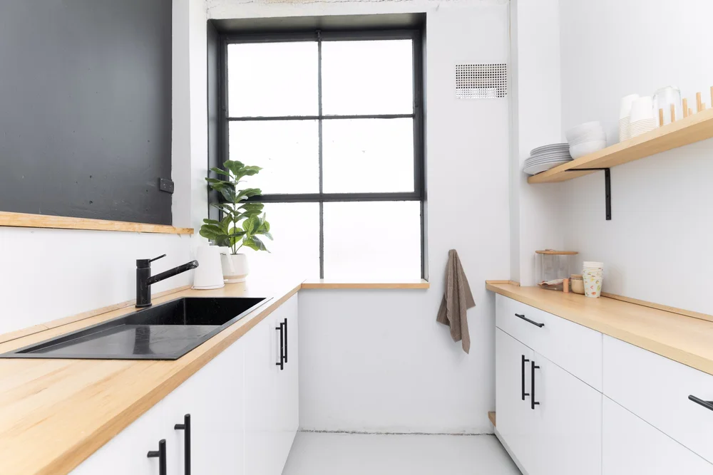 Modern kitchenette at Valeon Studios.