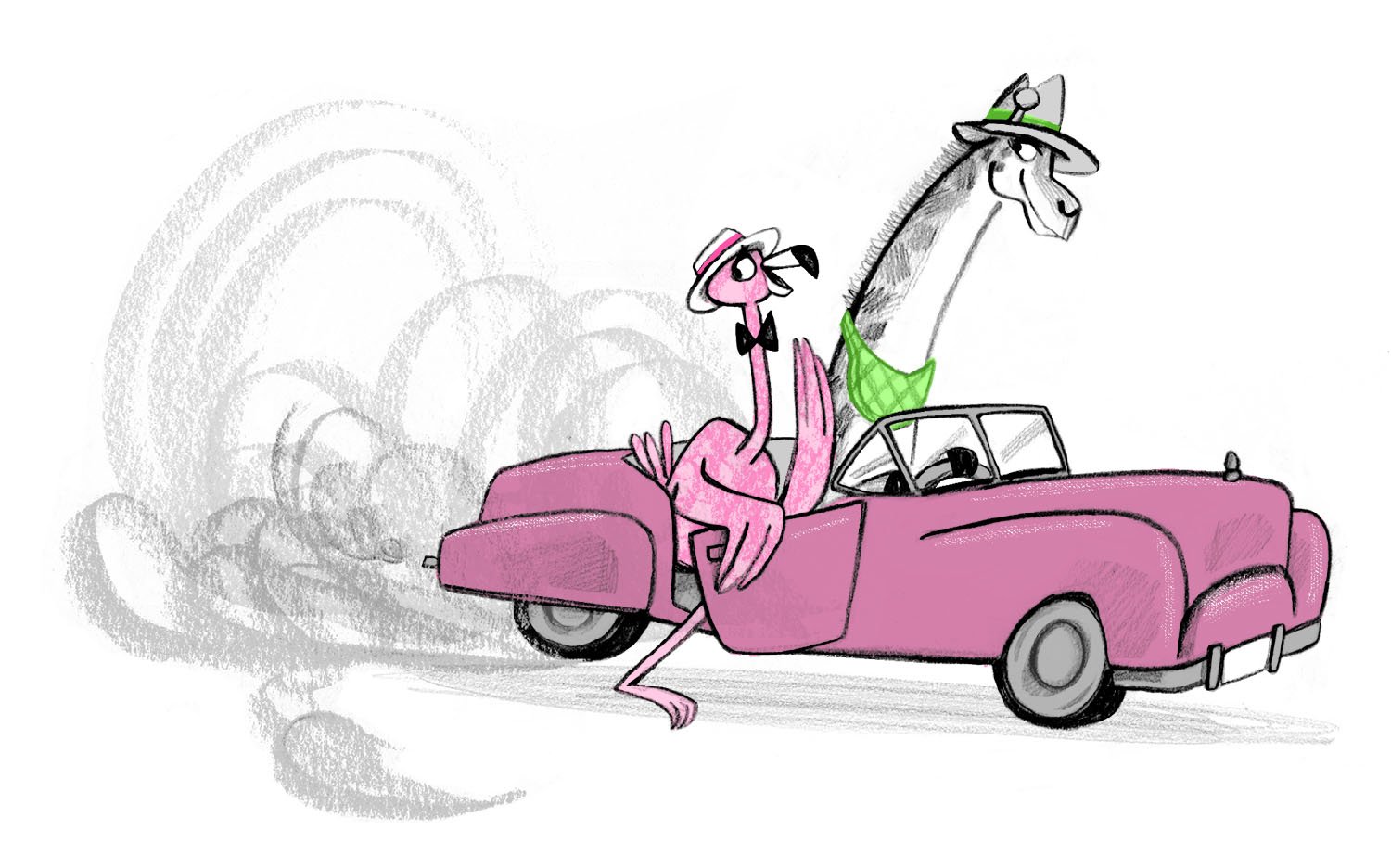 Illustration from the book 'Fabio The Case of The Missing Hippo' showing a flamingo and giraffe sitting in an old fashioned car, illustrated by Emily Fox