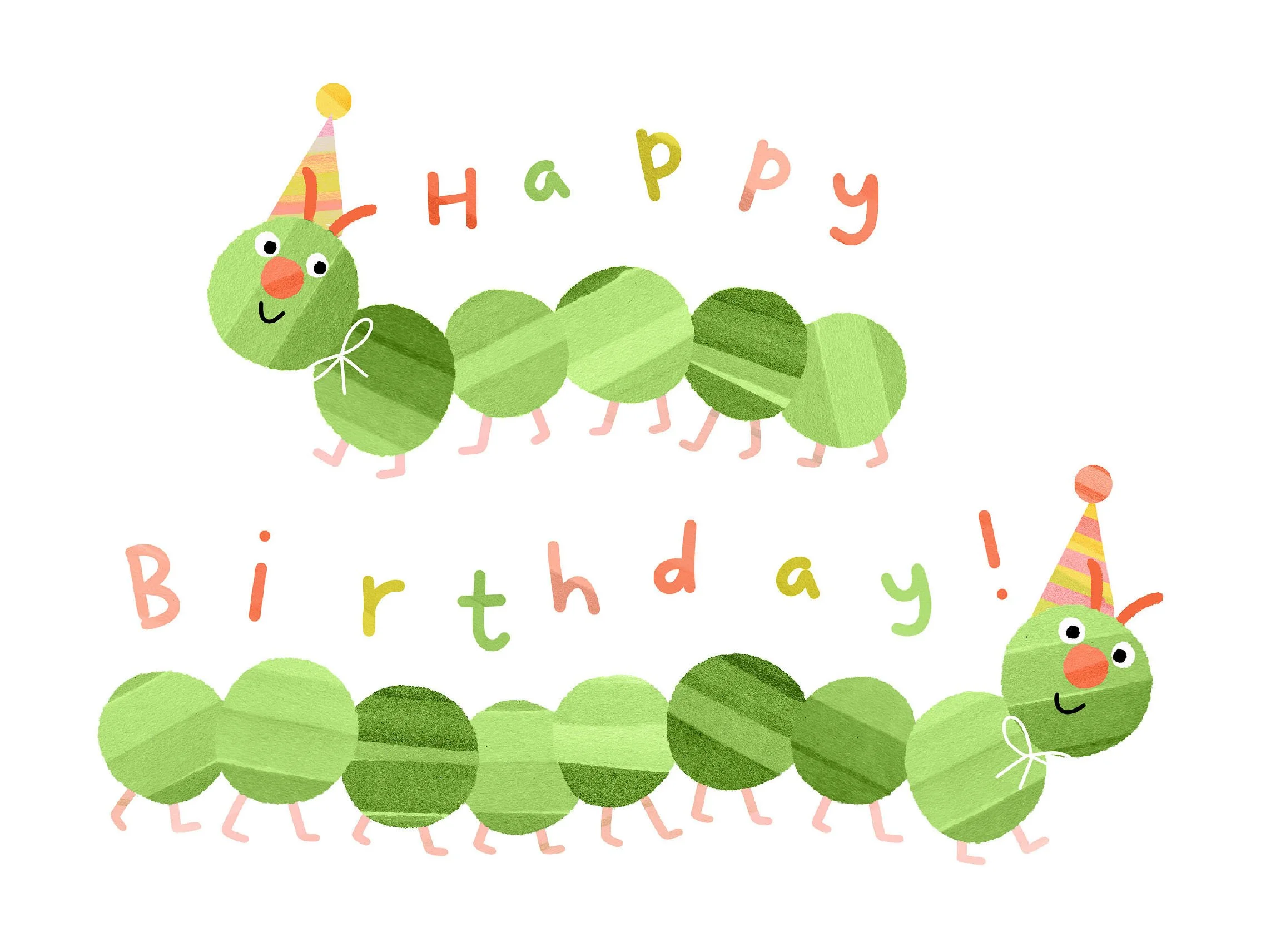 Collage illustration of two caterpillars wearing party hats with the words 'Happy Birthday' above, illustrated by Emily Fox