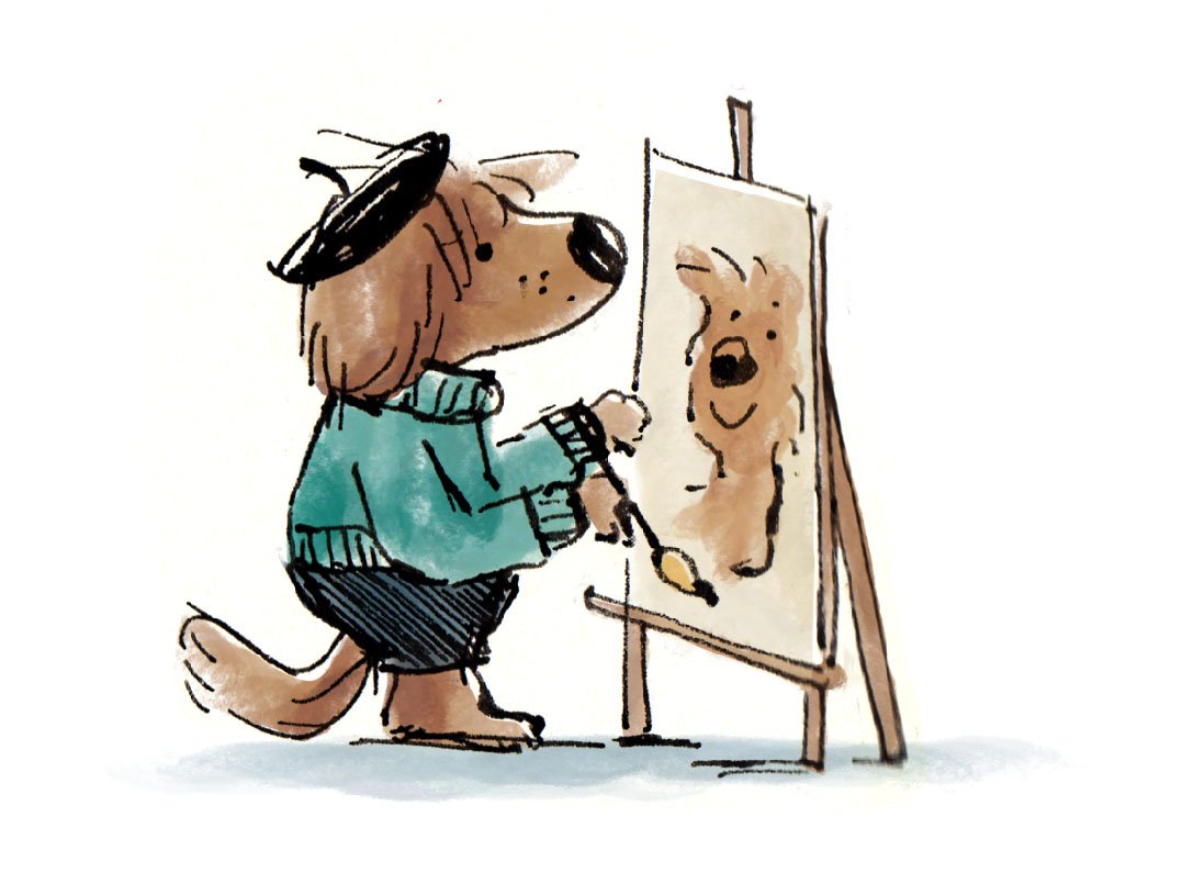 Page from Emily Fox's sketchbook showing a dog wearing a beret painting at an easel