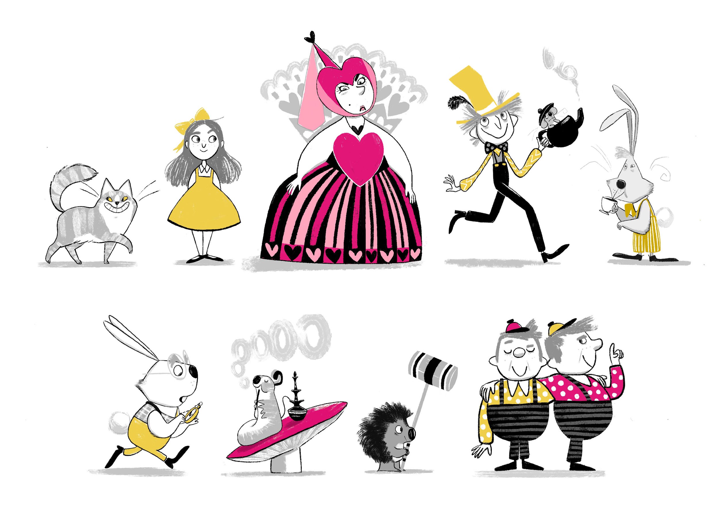 Illustration showing characters from 'Alice in Wonderland', illustrated by Emily Fox