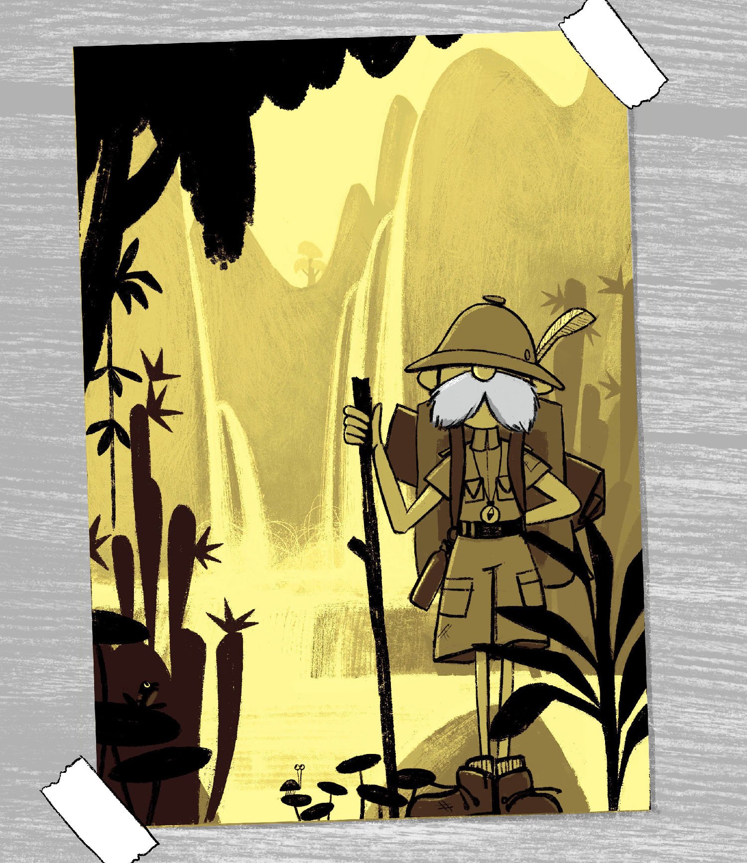 Illustration of a sepia photograph showing an old fashioned explorer by a waterfall in a jungle, illustrated by Emily Fox