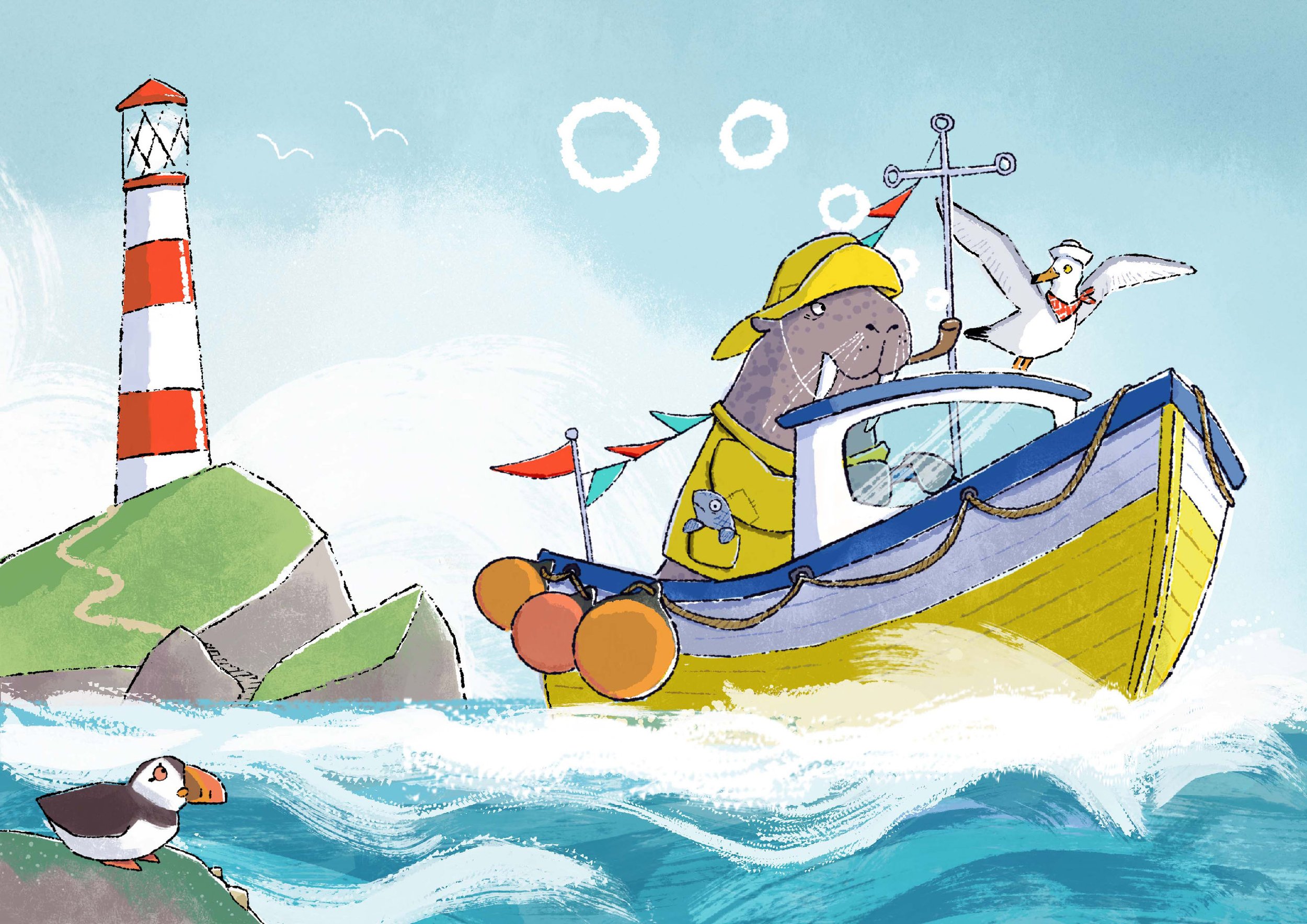 Illustration of a walrus and seagull sailing a fishing boat with a lighthouse in the distance, illustrated by Emily Fox
