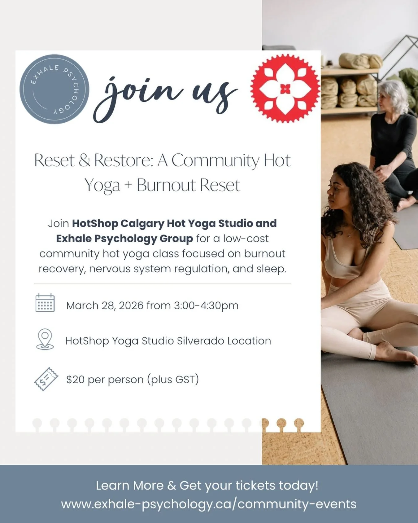 We&rsquo;re so excited to be partnering with HotShop Calgary for a community event focused on burnout recovery, nervous system regulation, and sleep ✨

This experience will include a restorative, slow-paced hot yoga class, paired with a grounding, th
