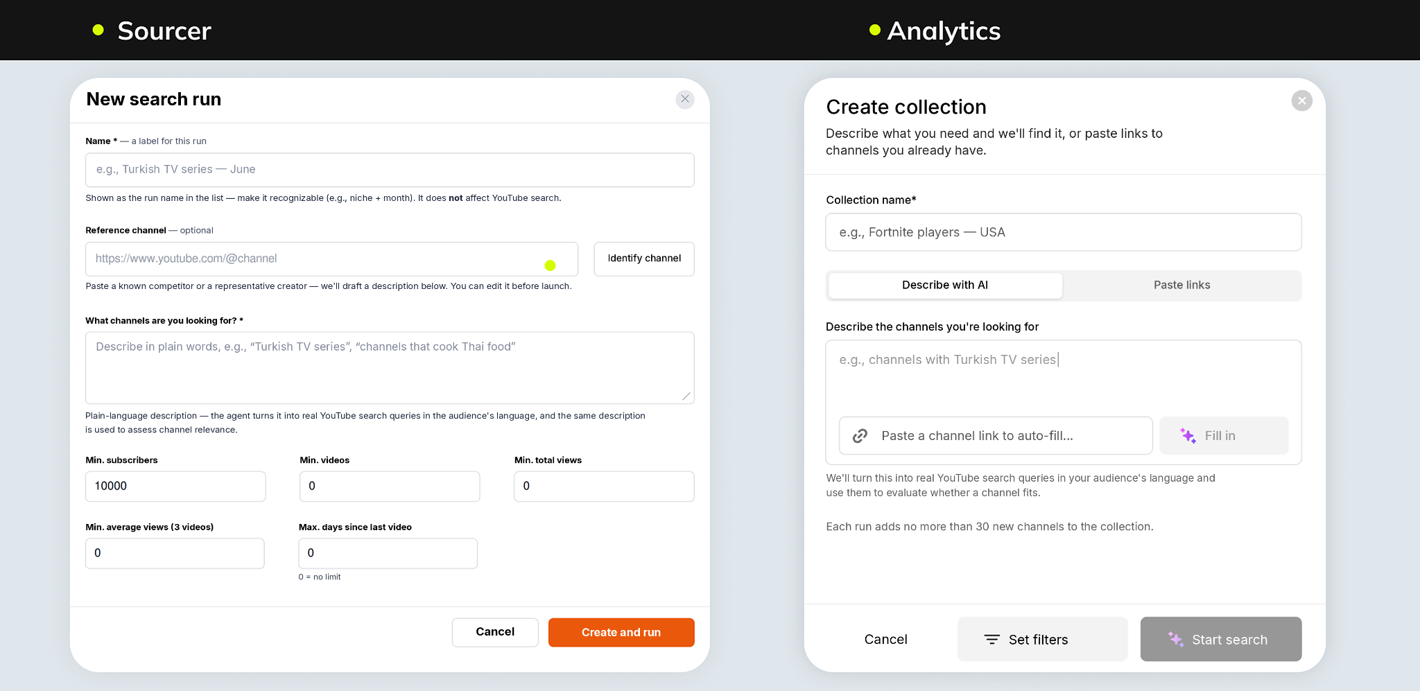 SubSub Sourcer search setup and Analytics collection setup, with channel descriptions and filters.