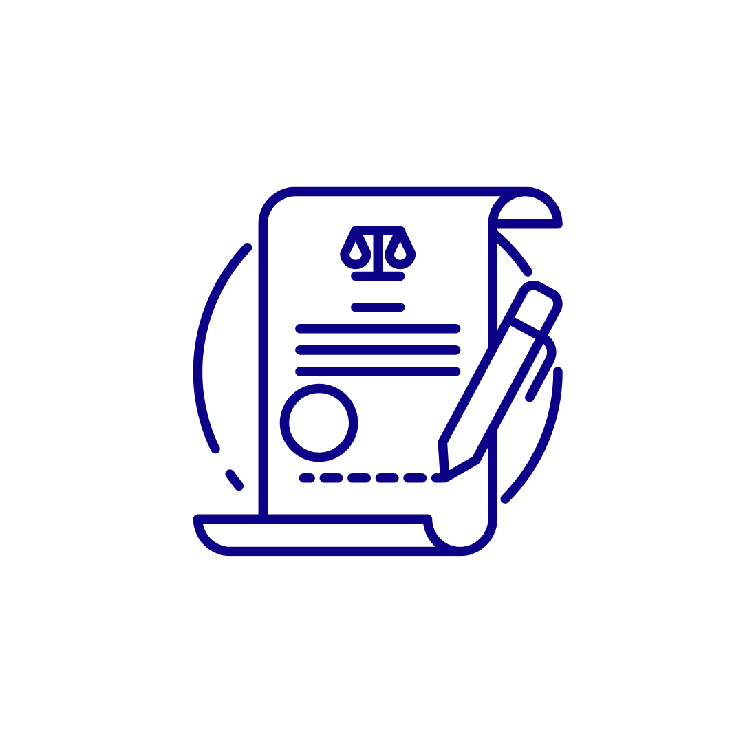 Outline illustration of legal documents, a pen, and the scales of justice.