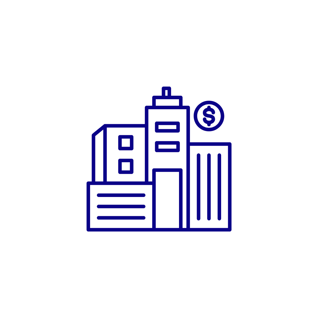 Line drawing of a cityscape with tall buildings and a dollar sign symbol, representing finance or business.
