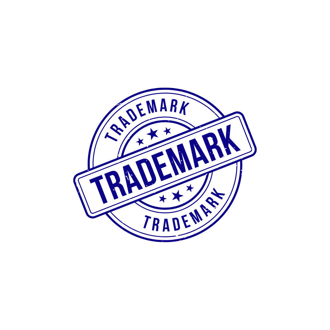 Blue trademark stamp with the word 'TRADEMARK' repeated in a circular pattern and across the center on a white background.