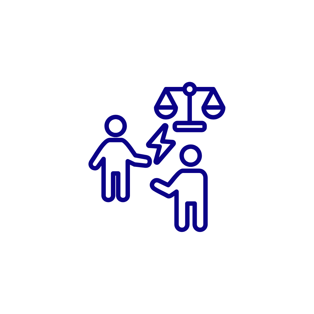 Line drawing of two people arguing, one holding a lightning bolt, with a scale and lightning bolt above them.