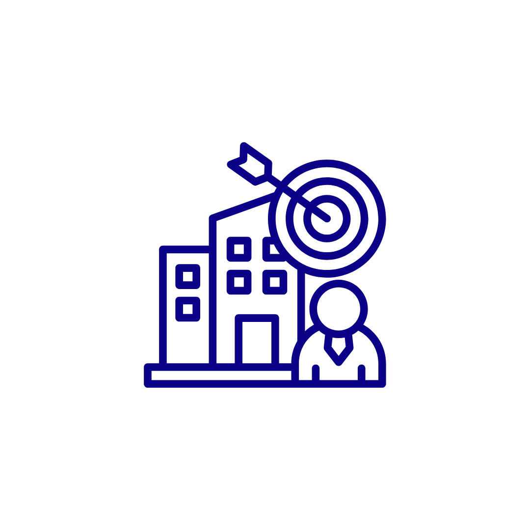Line drawing of a businessperson, building, and target with an arrow, symbolizing goal setting and achievement.