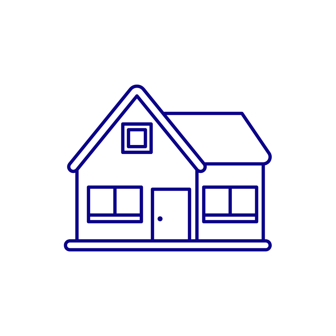 Line drawing of a house with a gabled roof, windows, and a door, colored in dark blue on a white background.