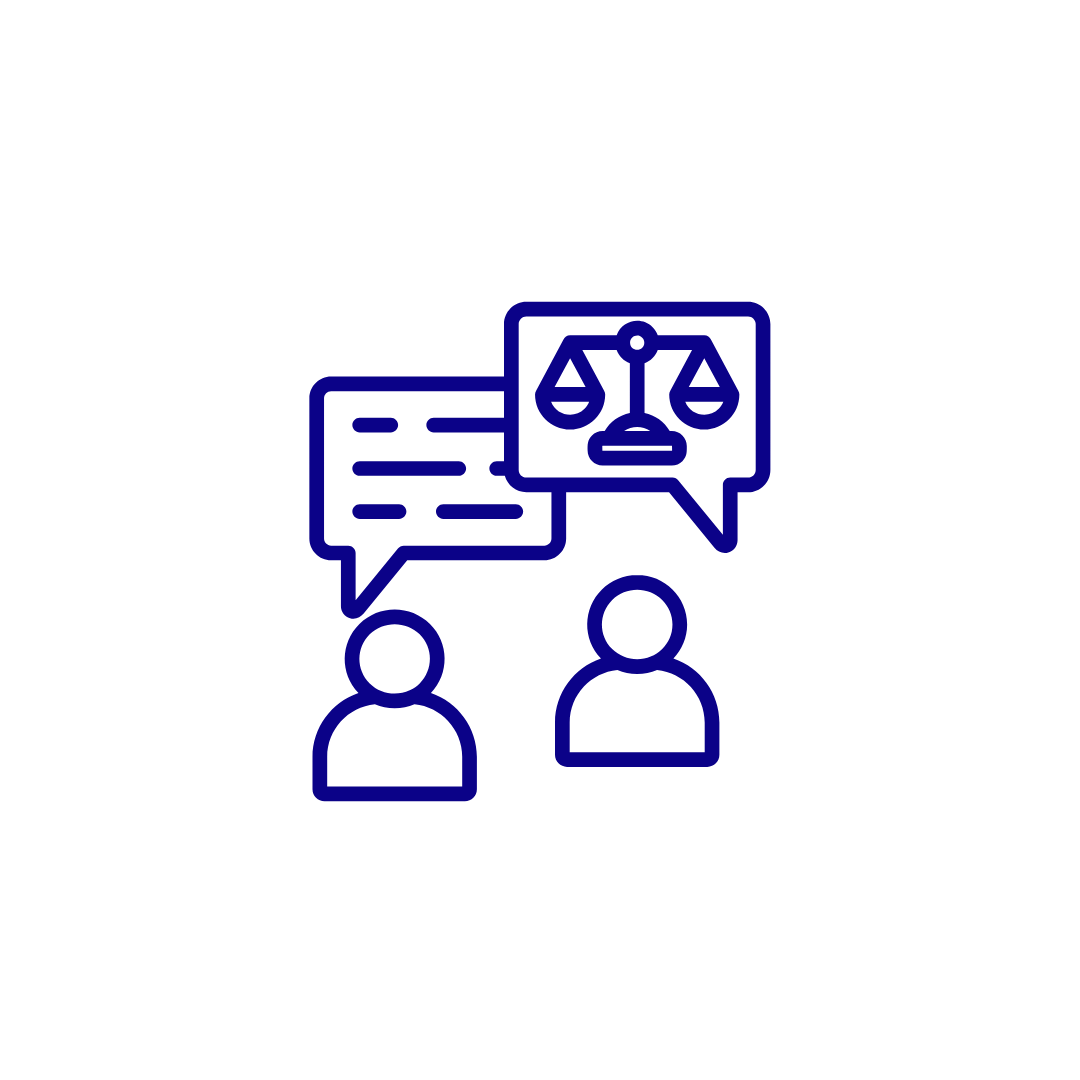 Two people having a conversation with speech bubbles, one containing lines of text and the other with a scales symbol representing justice.