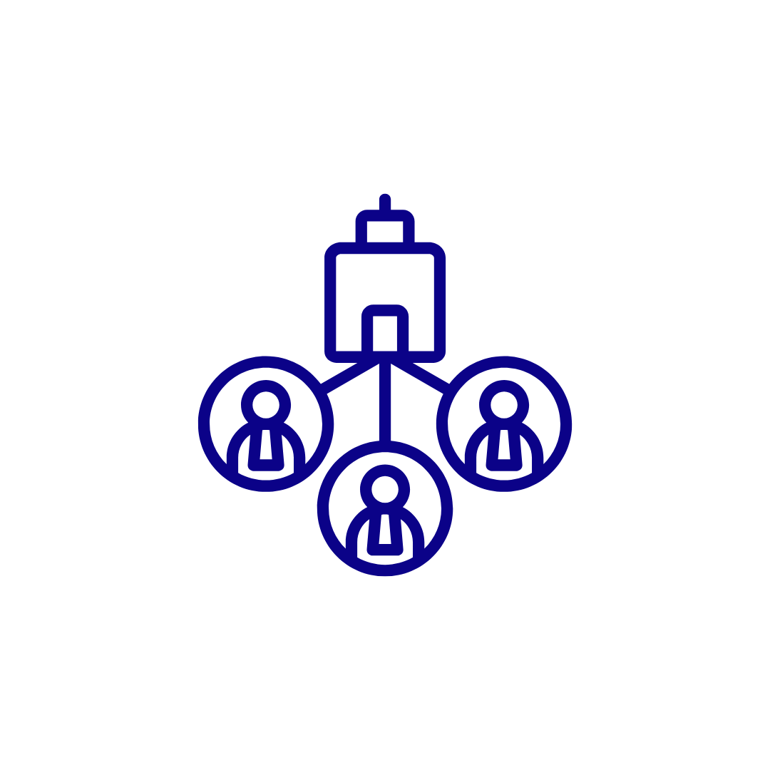 Organizational chart with a hierarchy of a corporate building at the top and three connected circles with person icons below.