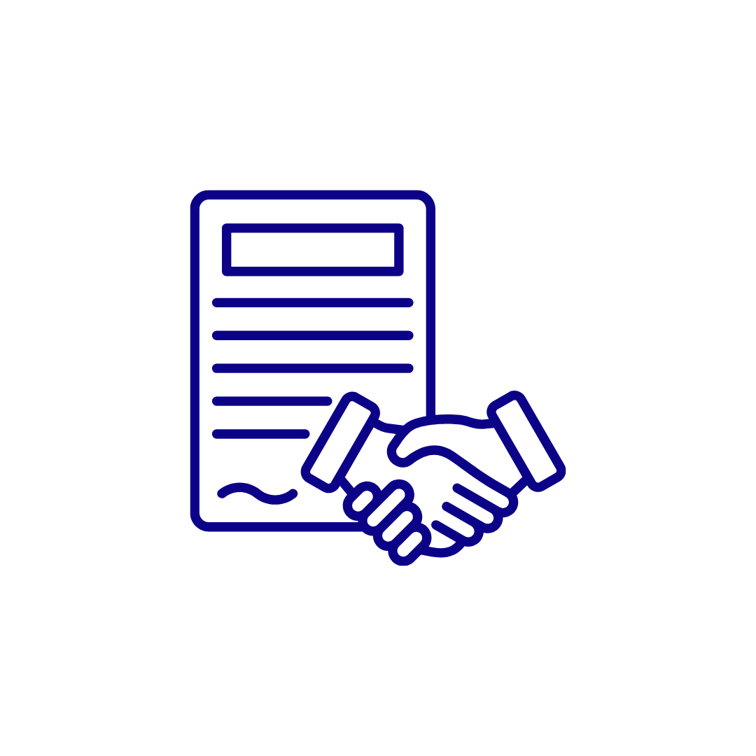 Outline icon of a handshake in front of a document, representing agreement or contract signing.