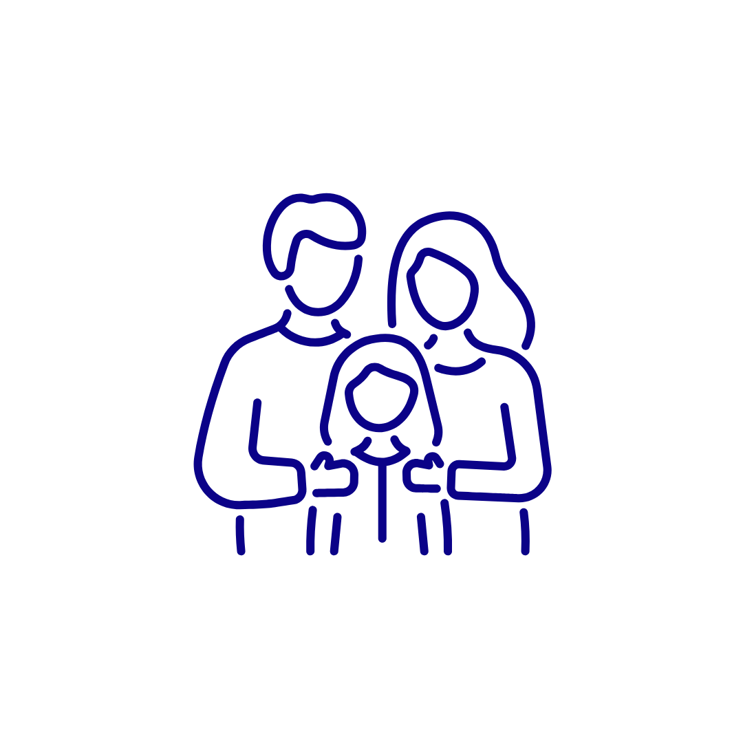 Line drawing of three people, two adults and one child, standing close together, all with faces and hair outlined, holding smartphones.