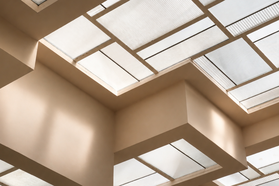 Vue intérieure du plafond avec des fenêtres en verre ou en plastique laissant passer la lumière naturelle, formant un motif géométrique.
