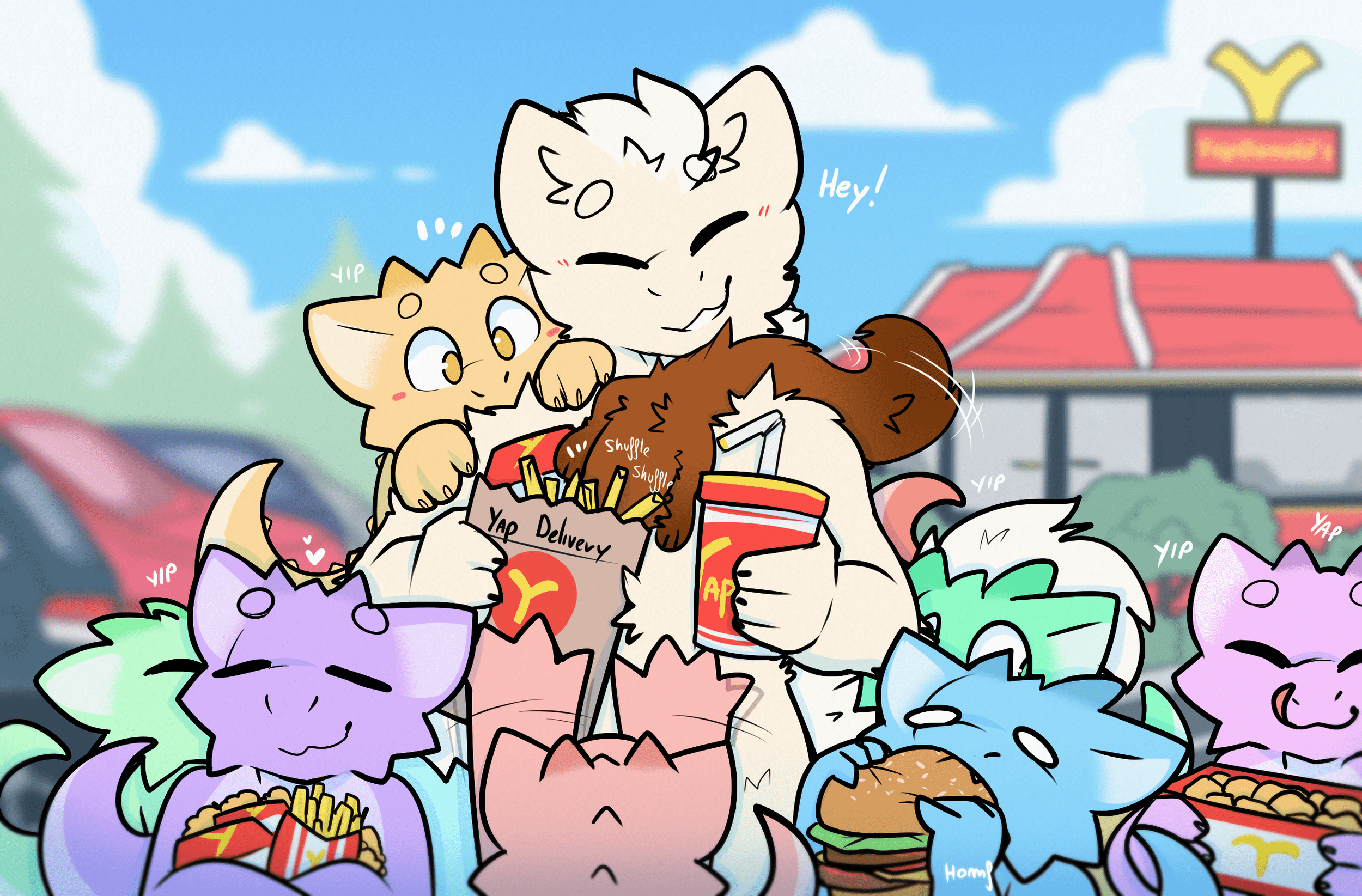 Group of colorful cartoon kobolds in a fast-food parking lot, enjoying fries, burgers, and drinks, with a YapDonald's sign in the background.