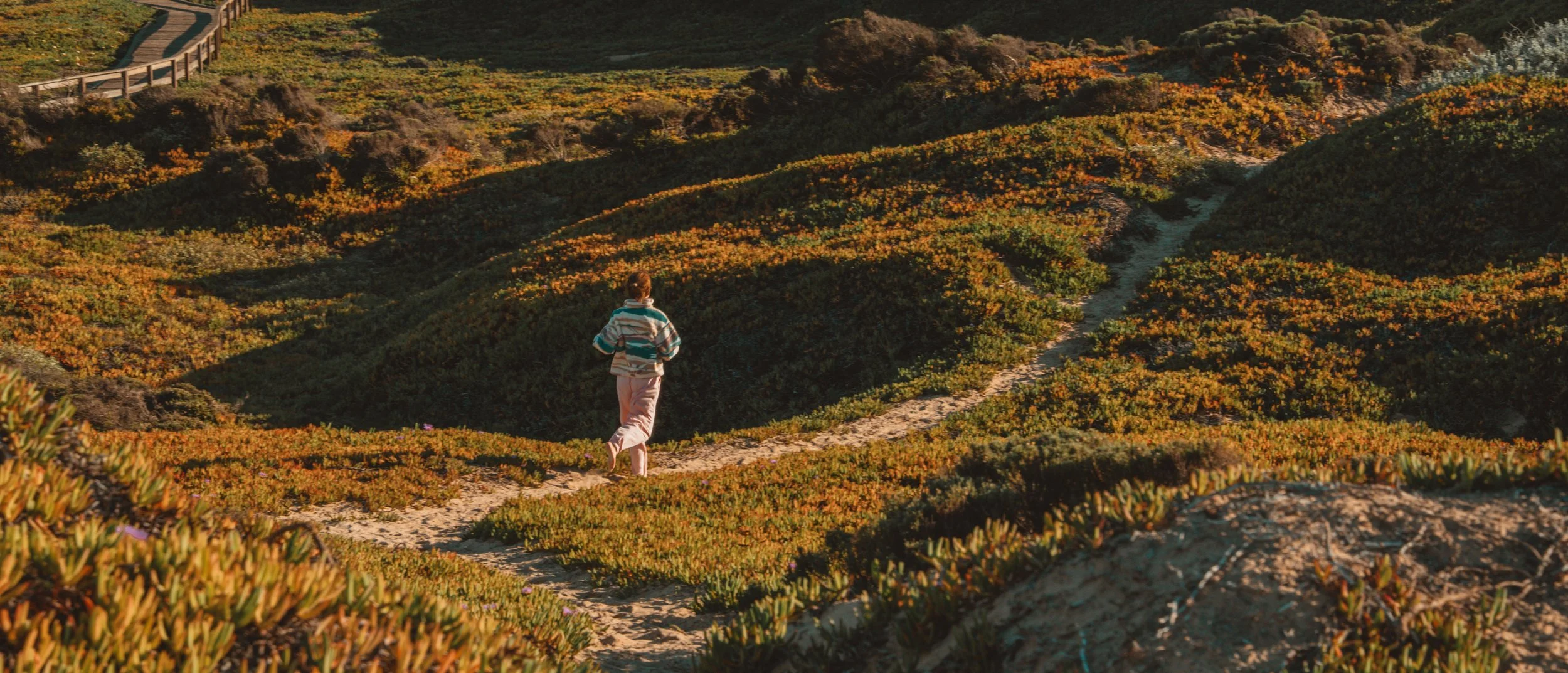 Person walking along a narrow trail through a hilly landscape covered in green and orange bushes during sunset.