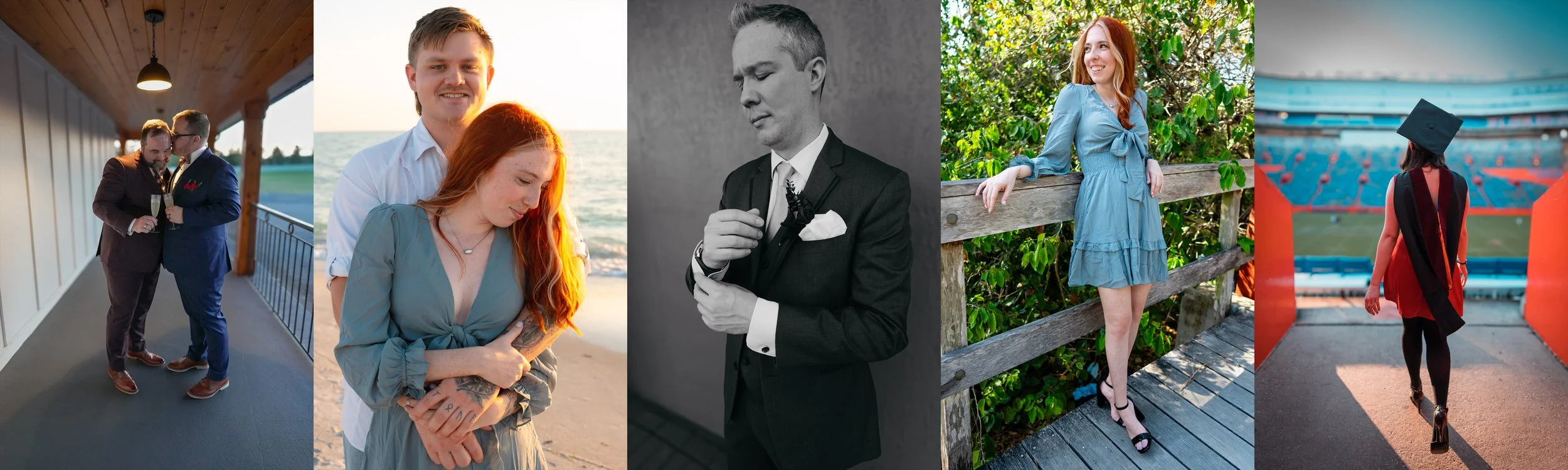 A collage of five photos of people in various settings, including celebrating, at the beach, in formal attire, outdoors, and at a stadium.