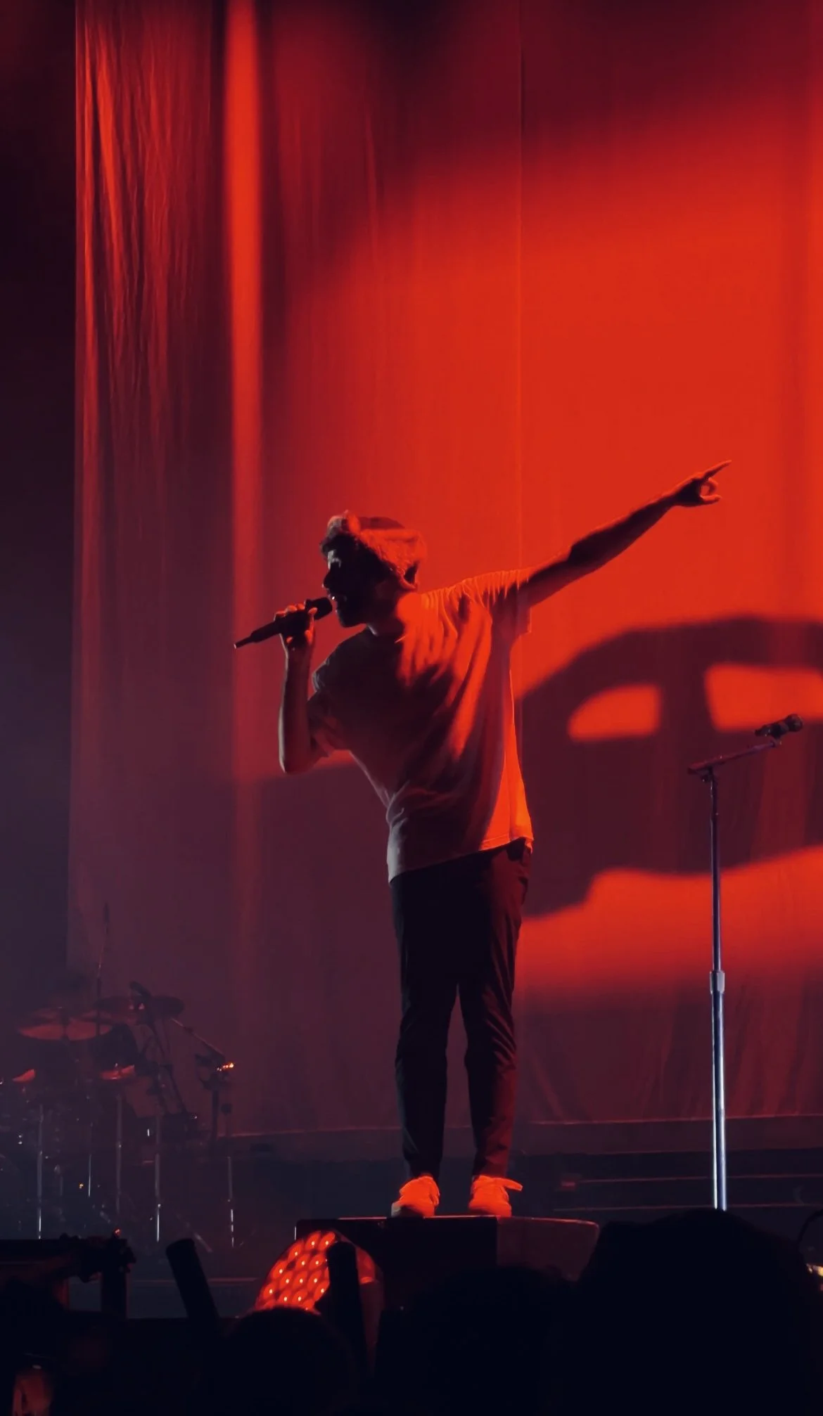 A singer performing on stage, illuminated by red lighting, pointing outward while holding a microphone in front of a red curtain backdrop.