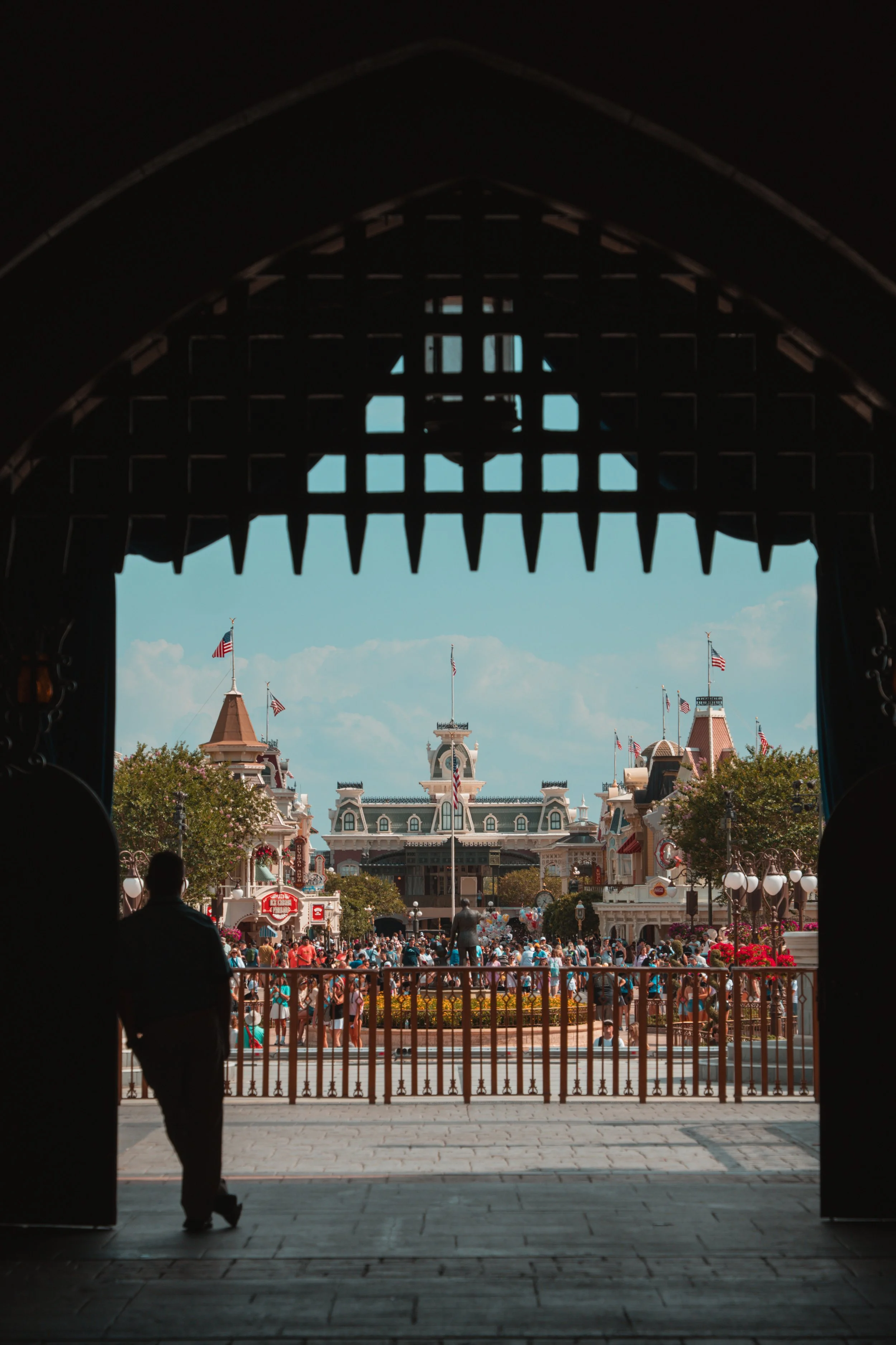 View of Disneyland park through the darkened entrance, with the iconic Cinderella Castle in the background. Crowds of visitors are visible, along with the park's Victorian-style buildings and flags.