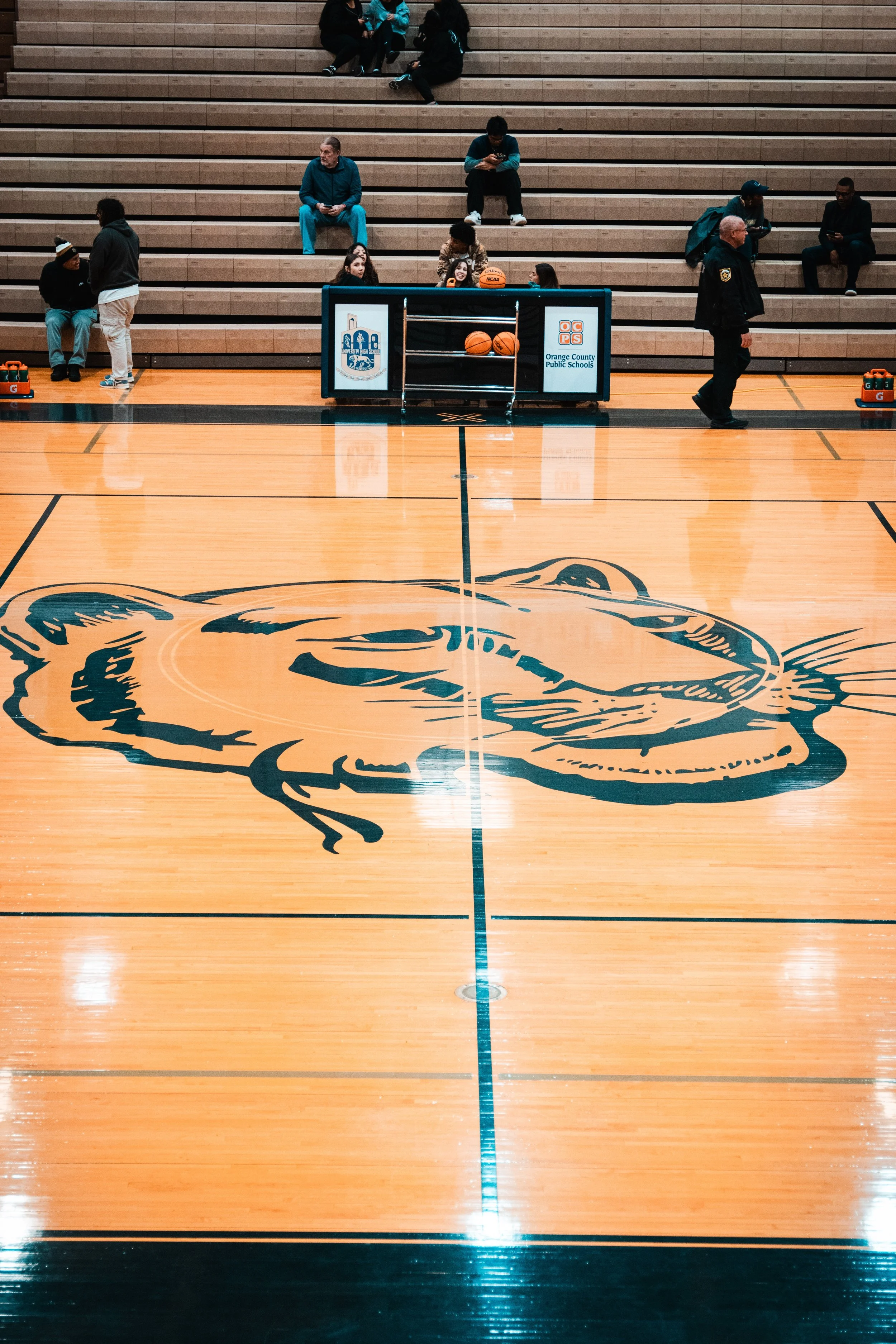 An indoor basketball court with a large bear logo on the polished wooden floor. People are sitting on the bleachers and standing near the court, some using their phones. There is a small table with basketballs and a digital scoreboard. The court is d