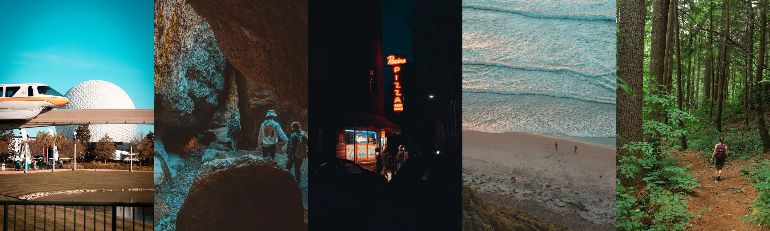 Collage of five scenes: a futuristic monorail train and geodesic sphere at Epcot, people exploring a cave, a nighttime food stand with neon signs, an aerial view of a sandy beach with waves, and a person hiking through a forest.