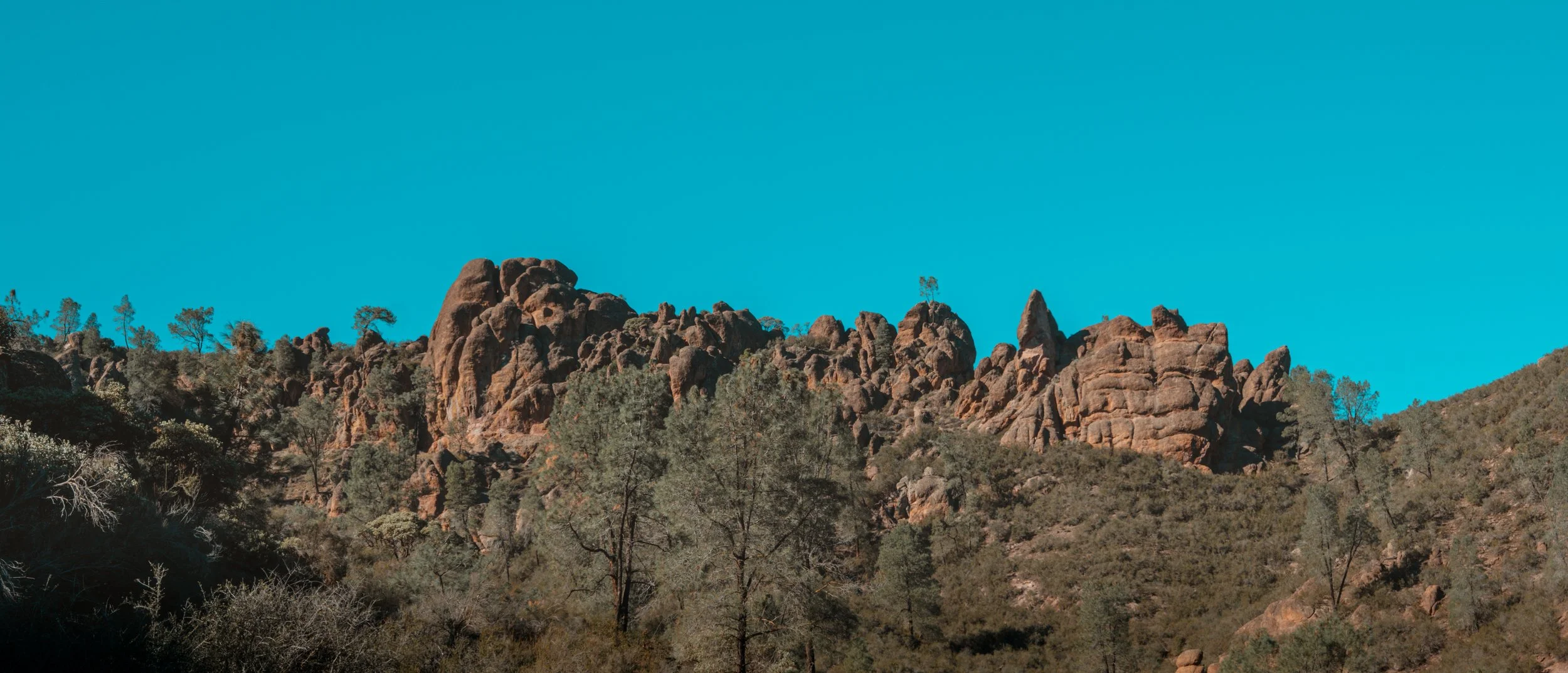 Rocky mountain landscape with rugged red-brown rocks and scattered trees, under a bright blue sky.