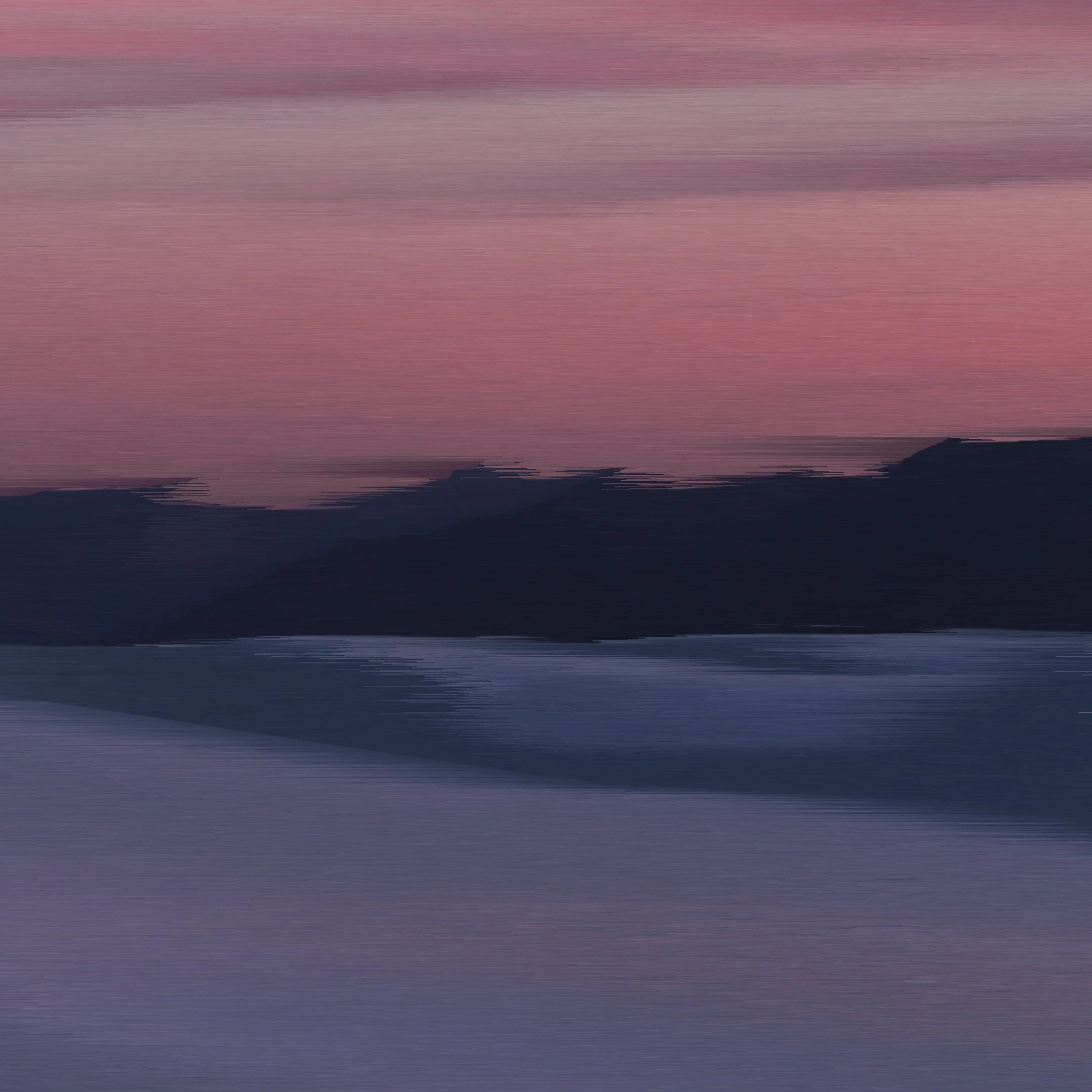 Abstract digital art with pink, purple, and dark colors resembling a mountain landscape at sunset or dawn.