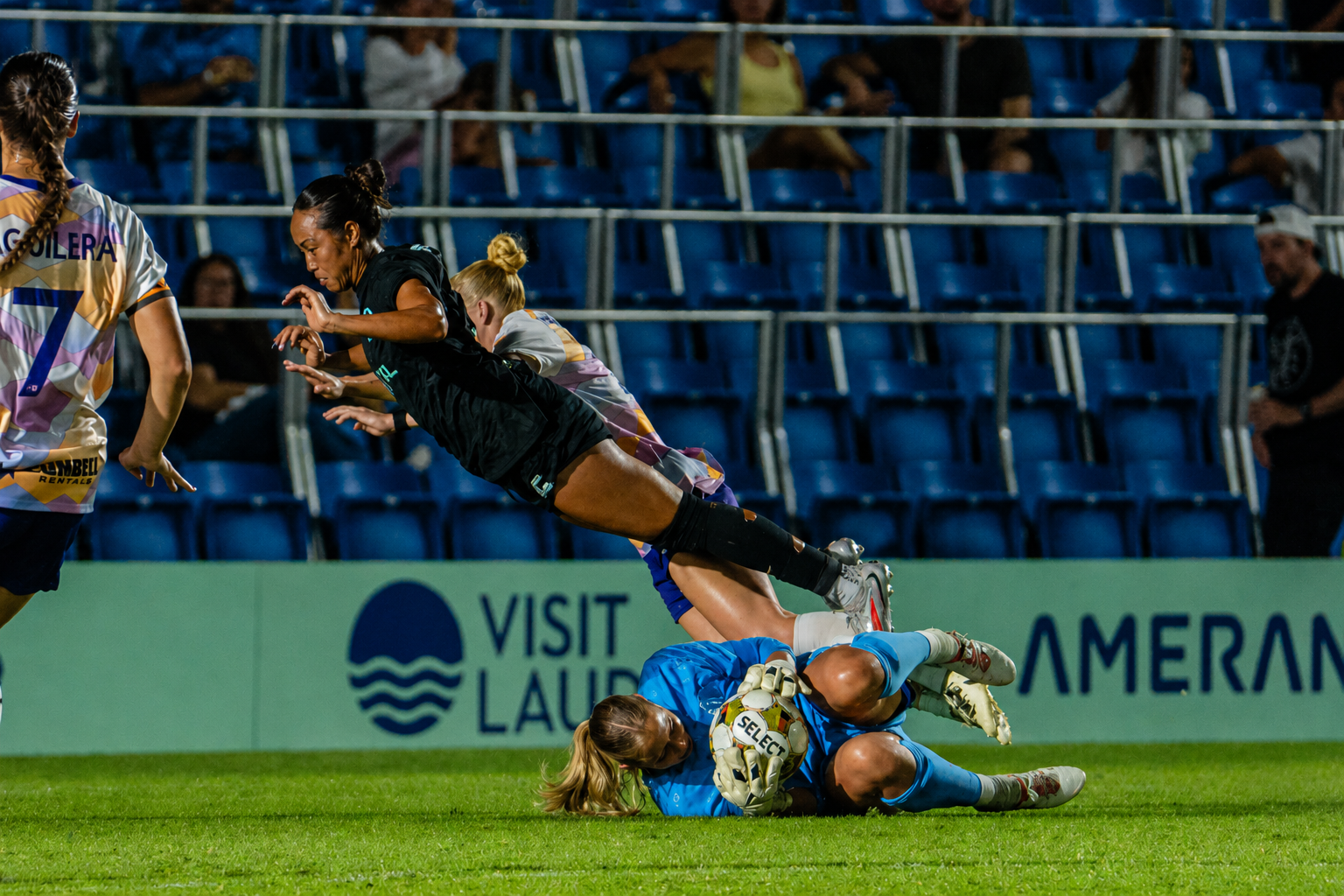 A soccer match scene with a goalkeeper in blue lying on the ground holding a soccer ball, a player in black jumping over her, and players in colorful uniforms nearby. Spectators are visible in the background.