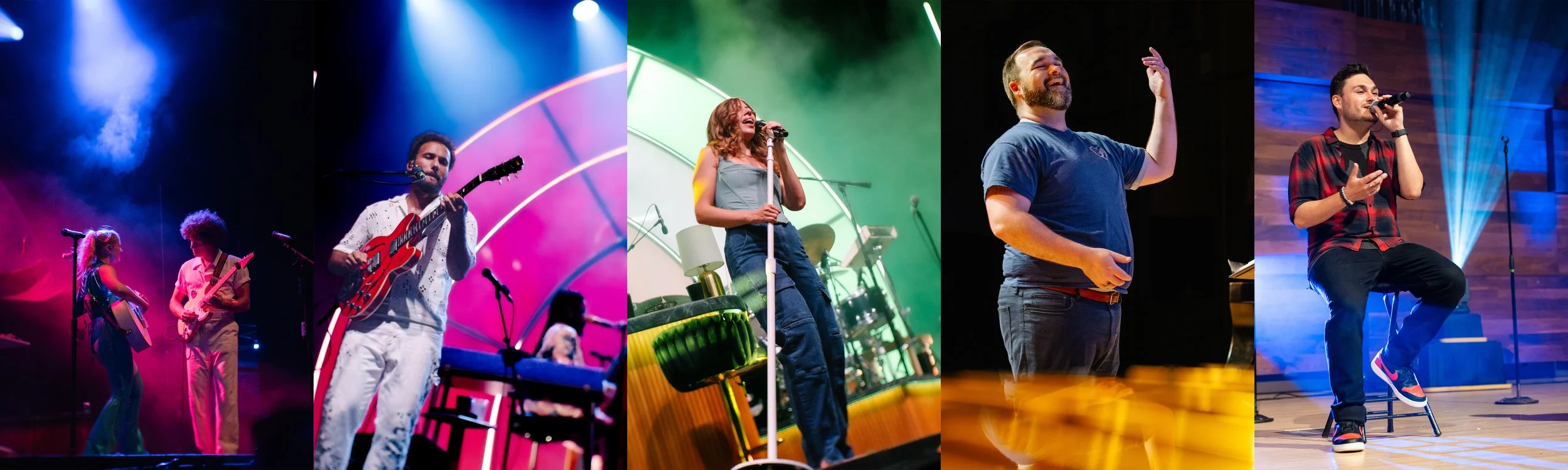 Six performers singing and playing instruments on stage during a concert, with colorful stage lighting and effects.