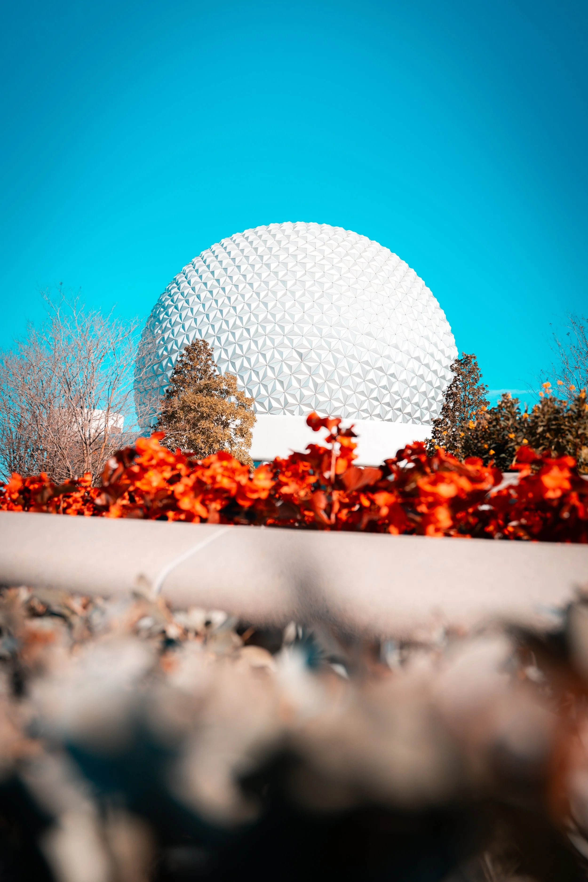 Epcot's Spaceship Earth geodesic sphere at Walt Disney World, Florida, with colorful flowers and trees in the foreground and a clear blue sky.
