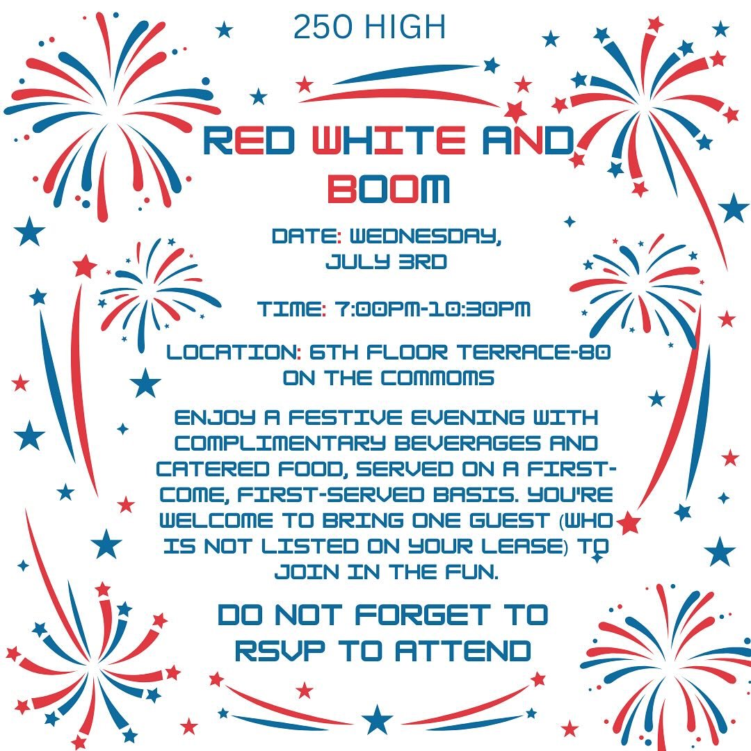 Something you do not want to miss!! We hope to see as many of you there as possible! 🎆🌃

RSVP link was sent to all residents emails! Must RSVP to attend by June 27th! ‼️‼️✅