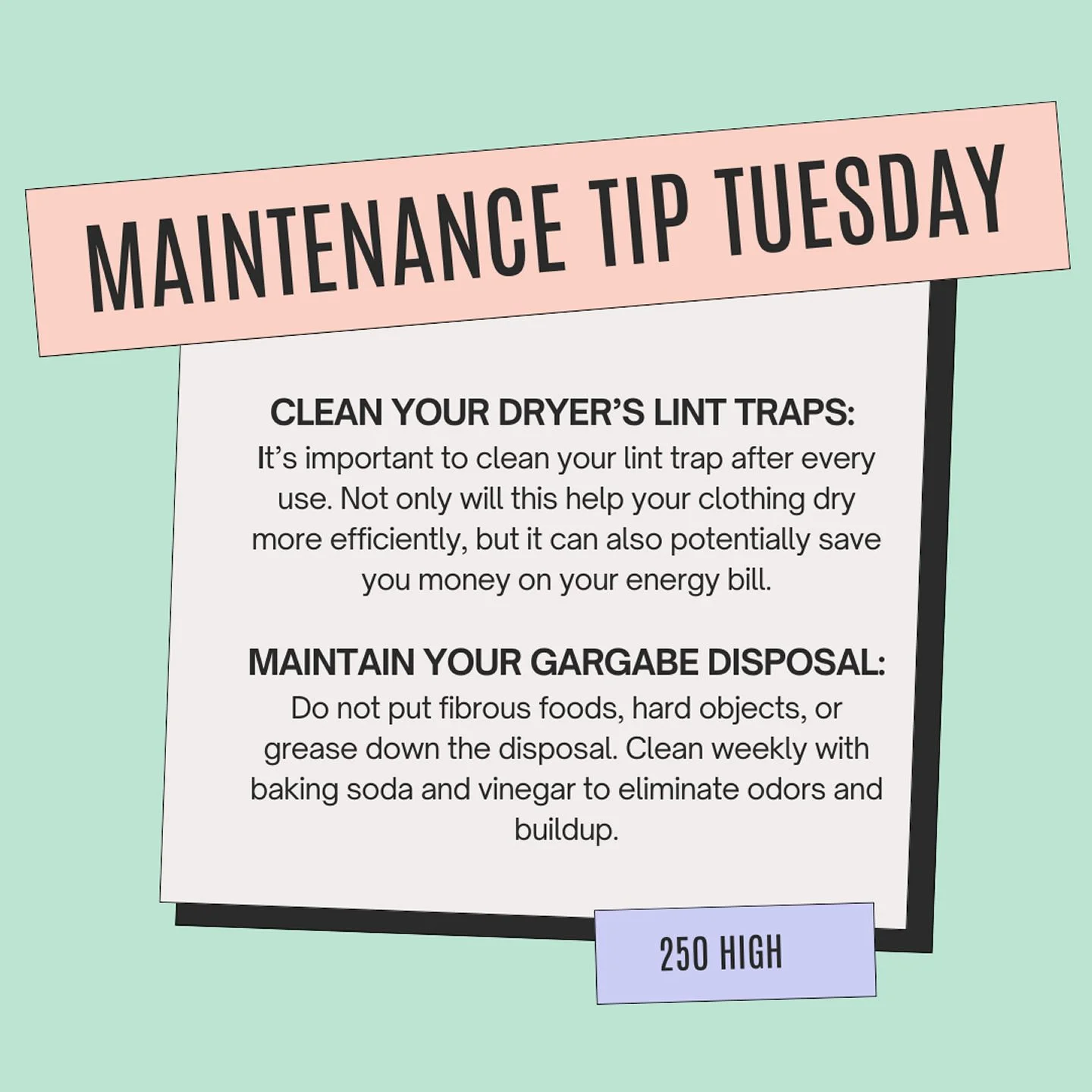 Some helpful maintenance tips for your Tuesday! 😁
Practice these regularly to help prevent maintenance requests. 🛠️