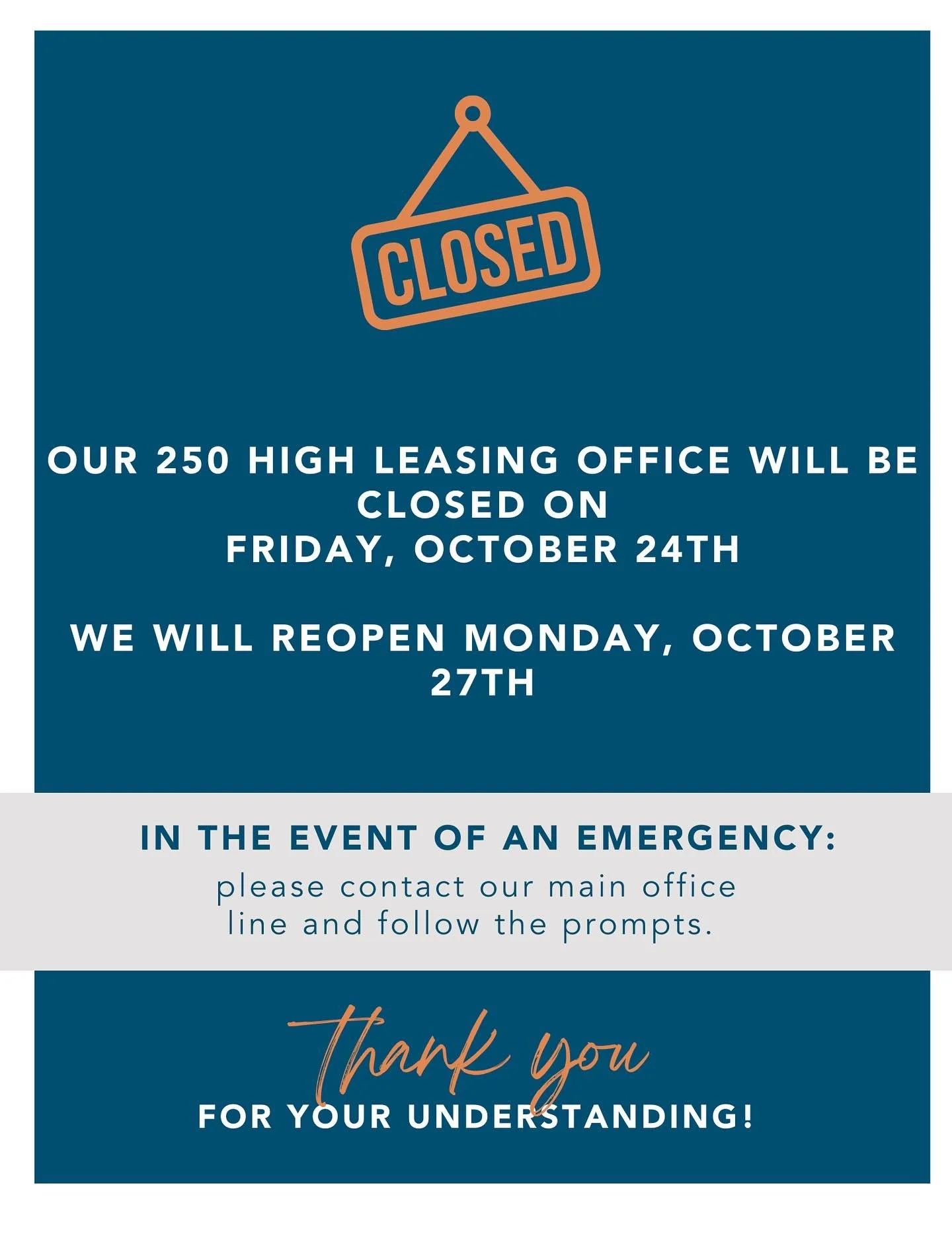 As a reminder tomorrow, October 24th our offices will be closed β¨
We will reopen for normal business hours Monday, October 27th.