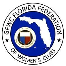 Logo of the GFWC Florida Federation of Women's Clubs featuring a map of Florida, a shield with a book, torch, and stars, and the organization name encircling the design.